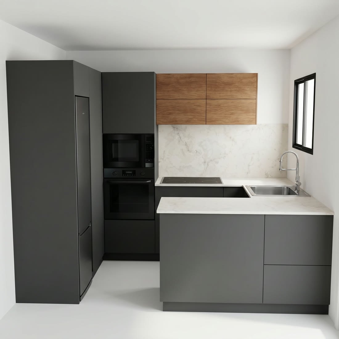 Render 3D de cocina en gris grafito y madera