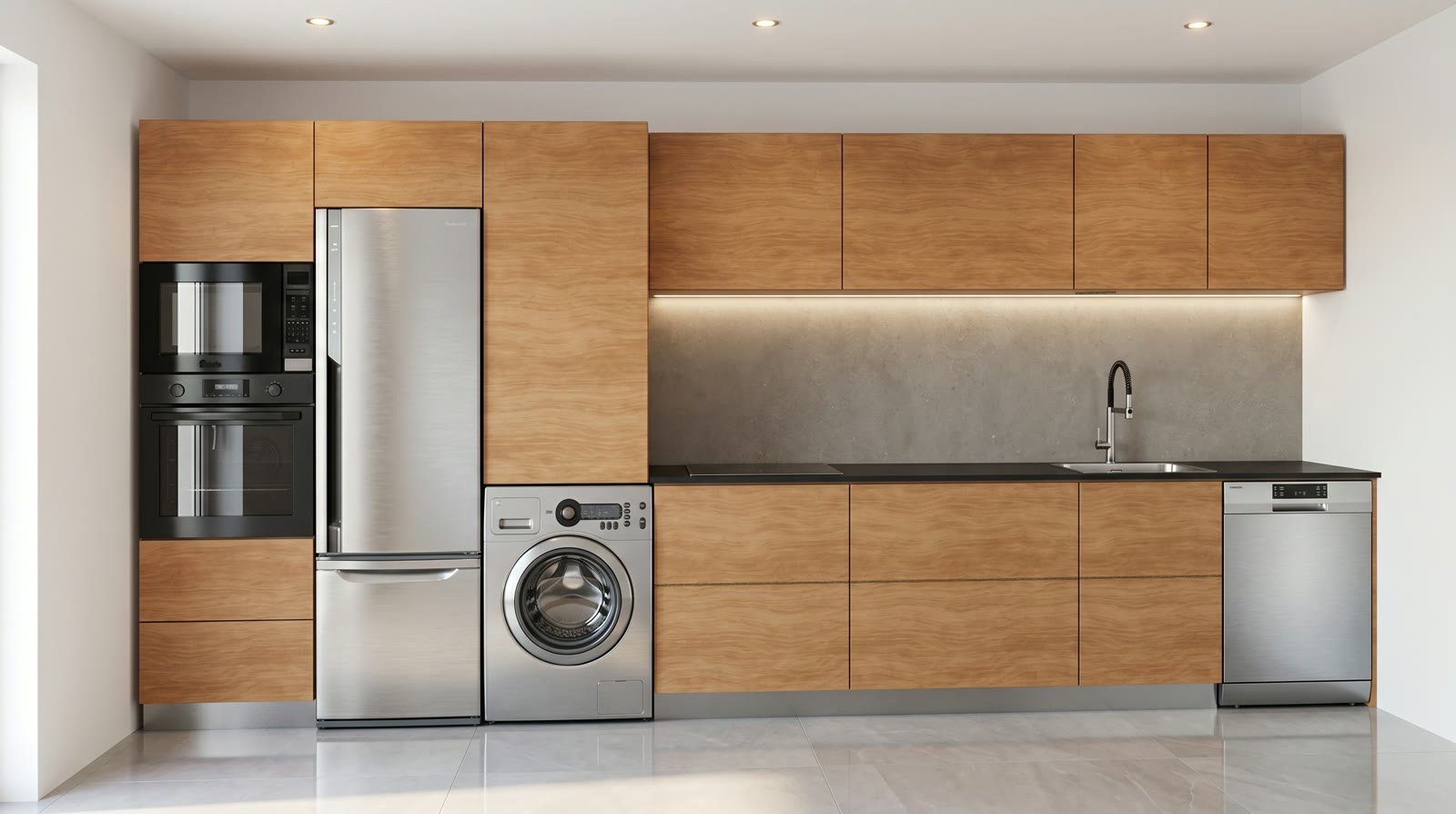 Render 3D de cocina lineal de roble